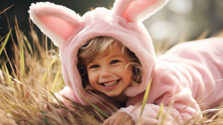 Toddler laughing in a pink plush bunny costume against a background of nature. Fields. Horizontal format.の素材