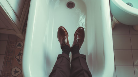 fragment, a man's legs in glossy shoes hanging into the bathtub. A man sitting on the edge of a bathtub.の素材