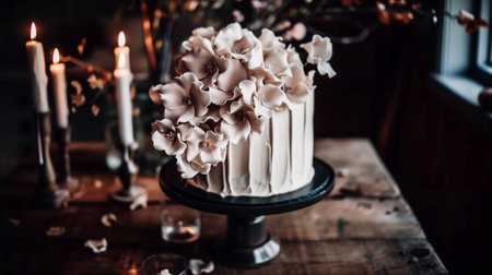 White sponge cake with pink and candle for the birthday. Place for text. Copy space. In the dark toneの素材