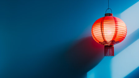 Red Chinese lanterns and paper flowers to celebrate the Chinese New Year on blue background. Place for text. Copy spaceの素材