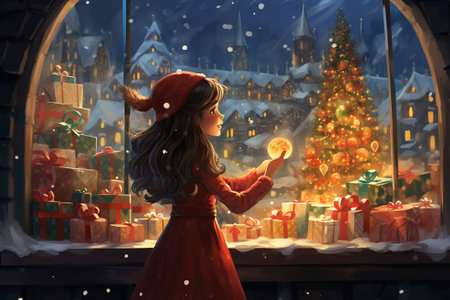 A girl stands in front of a glowing display case with toys and Christmas decorations in the eveningの素材