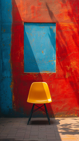 red chair against a yellow wall stands on the street with a shadow from the sun, vertical frameの素材