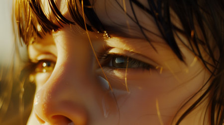 A close-up of a sad little girl with brown eyes crying with tears rolling down her face looking strait into your eyes- A little girl crying with tears in her eyesの素材