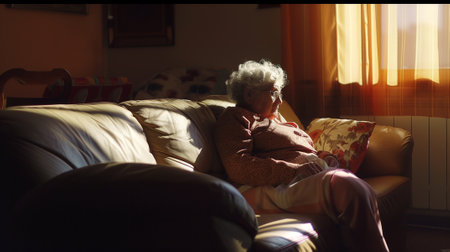 A very old lonely woman of ninety years old sits in a room in front of the TV, backlit. Loneliness. Old age.の素材