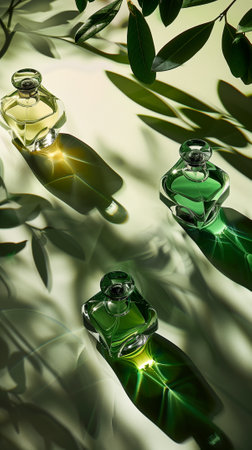 round bottles of perfume with green liquid against the background of shadows from the leaves. Vertical format. Green background.の素材