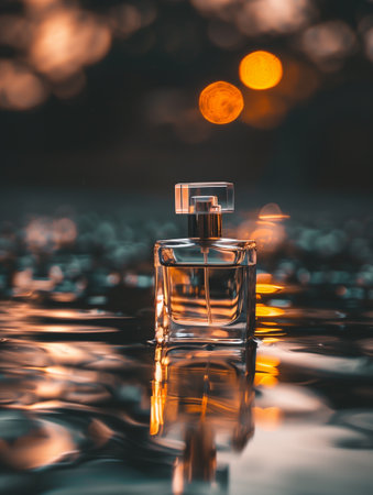 a bottle of perfume with yellow liquid in the rays of the setting sun in sea water with waves against the backdrop of the setting sun. Vertical frame.の素材