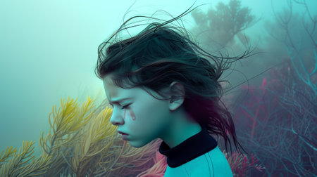 close-up of a sad little girl with brown eyes crying with tears rolling down her face looking strait into your eyes- A little girl crying with tears in her eyesの素材