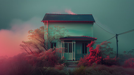 A two-story house in the American outback in surreal pink and green tones with trees aroundの素材