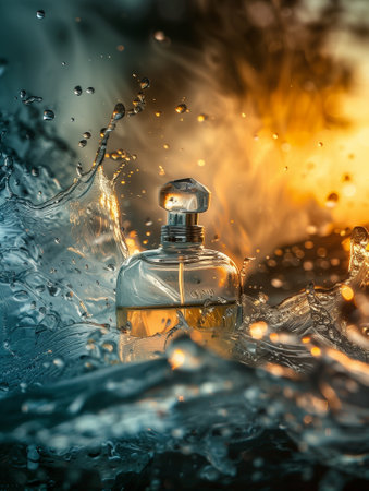 a bottle of perfume with yellow liquid in the rays of the setting sun in sea water with waves against the backdrop of the setting sun. Vertical frame.の素材