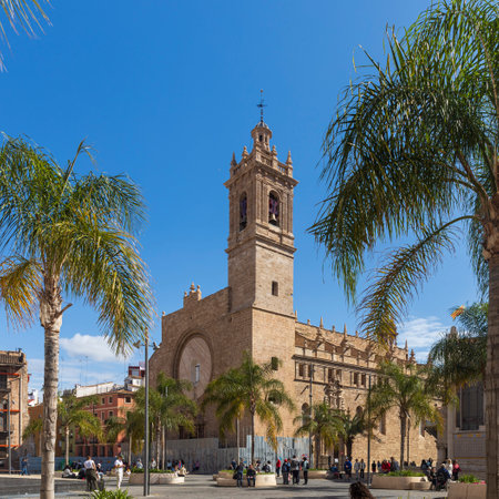 Valencia, Spain - March 24, 2024: A glimpse of the historic Church of Santos Juanes, also called the Iglesia de los Santos Juanes. Square frame.のeditorial素材