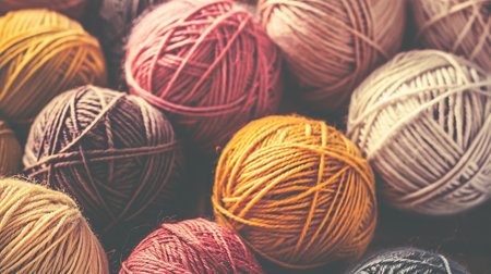 Vintage tone pictures in blur. Skeins of wool in color tones. Banner. Point depth of field.