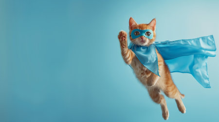 Cute red tabby cat in a superhero mask and cape jumping on a blue background. Concept. Banner. Place for text.の写真素材