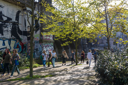 Berlin, Germany - 02 April 2024, People walk along the bridge opposite the museum island. It's a weekend, there's a big crowd.のeditorial素材