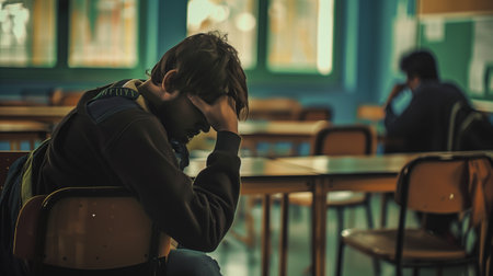 A fatigued, downcast male teacher in a classroom. Midlife crisis.の素材