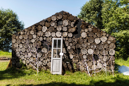A wooden wall of a log house with a door leaning against it.の写真素材