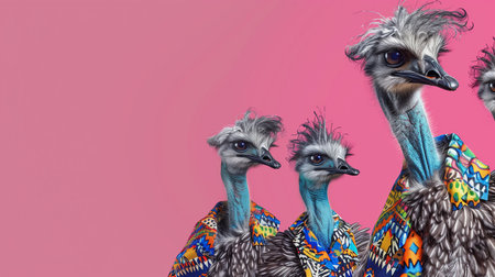 A crew of charming humorous emus in stylish clothing  are coming together for a glitzy celebration. Text area.の素材