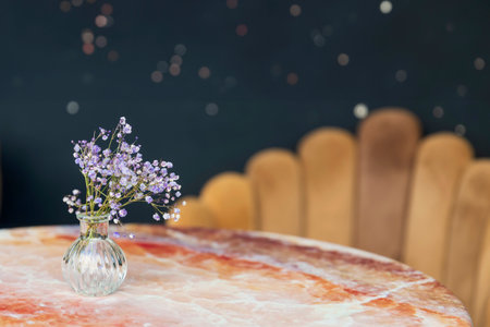 A bouquet of dried gypsophila in a small glass vase on a marble table against a dark blue background.の写真素材