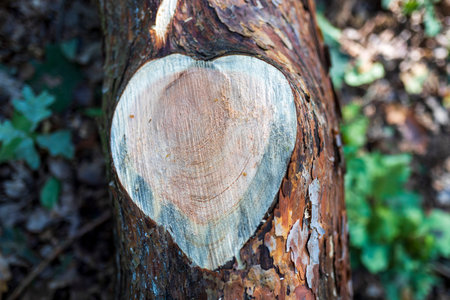 Fresh heart-shaped cut on a tree, severed branch in the forest.の写真素材