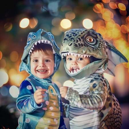 Kids wearing dinosaur outfits. Purim holiday. Everyone is dressing up.の素材