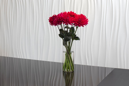 A bouquet of red dahlias in a tall vase on a glossy table with reflection as interior decoration. Minimalism.の写真素材
