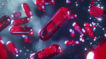 Soaring red transparent pills on a red background amid bubbles and dust. Medical concept.の素材