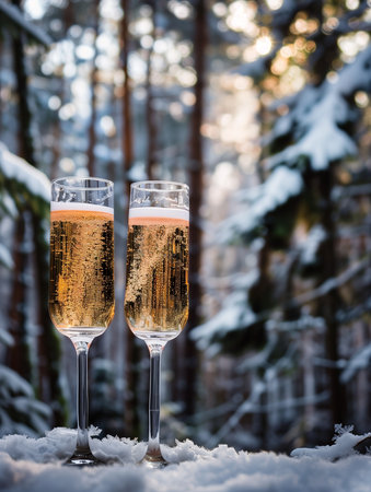 A Christmas card featuring champagne flutes with bubbles, set against a snow-covered forest and pine trees.の素材