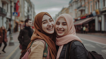 Two young Muslim women friends in brown hijabs posing together outdoors.の素材