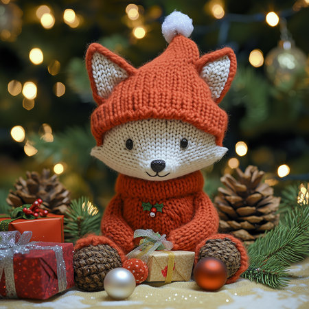 A crocheted toy fox made of white yarn, wearing an orange sweater and hat, sitting with gifts under the Christmas tree. Christmas postcard.の素材