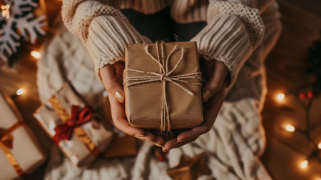 Women's hands with a tidy manicure in a white sweater holding a kraft box with a beige ribbon. Winter. Greeting card.の素材