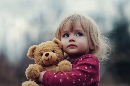 A serious three-year-old curly-haired blonde girl, a preschooler, stands outside with a plush teddy bear against the backdrop of the sky.の素材