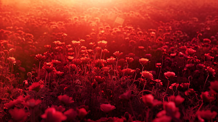 A meadow in the park with scarlet and maroon cosmos flowers at sunset.の素材