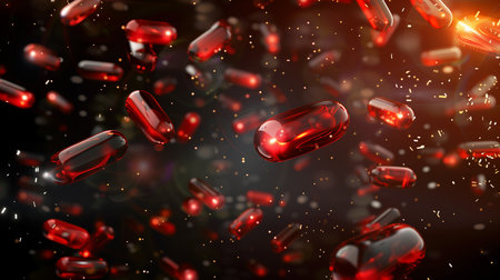 Transparent red capsules flying in a red setting, scattered with bubbles and dust. Medical concept.の素材