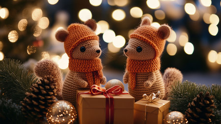 Two crocheted squirrels in orange knitted hats gaze at a wrapped present. Behind them, the bokeh effect is visible. A Christmas card.の素材