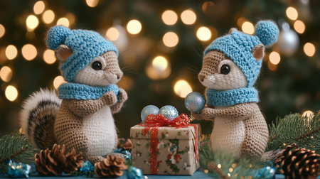 Two crocheted toy squirrels, both in blue knitted hats, are admiring a gift wrapped in festive paper, placed under a decorated Christmas tree. The backdrop is blurred with bokeh. A Christmas postcard.の素材