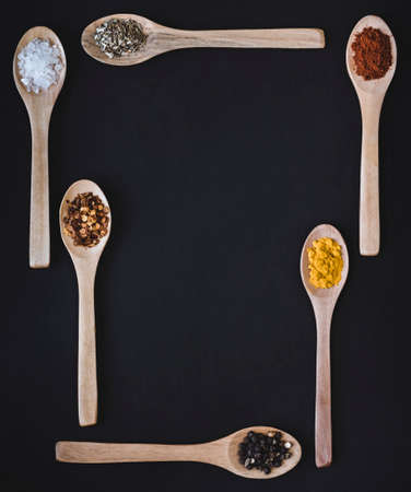 Spices arranged on wooden spoons in a square type borderの写真素材