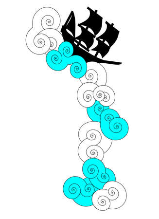 Vector of ship sailing on blue and white swirly cloudsのイラスト素材