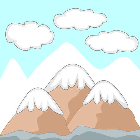 Vector of three mountains with snow caps, clouds and larger mountains in the backgroundのイラスト素材