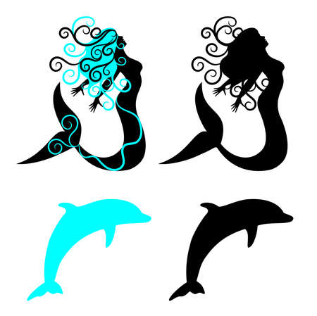 Vector of mermaid and dolphin, black and blueのイラスト素材