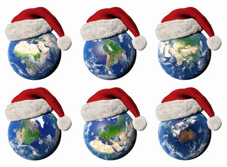 3D illustration of the Earth wearing a Santa hat showing the different continentsの写真素材