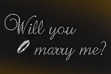 3D render of words Will you marry me? in diamonds on black backgroundの写真素材