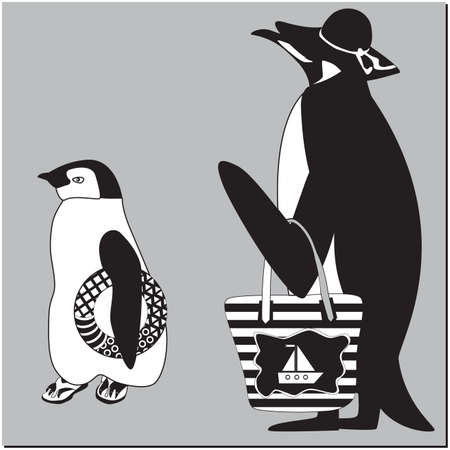 Black white penguin mom with baby on gray backgroundのイラスト素材