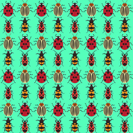 Seamless texture with insects: ladybug, bug, colorado potato beetle, beetle gravedigger.