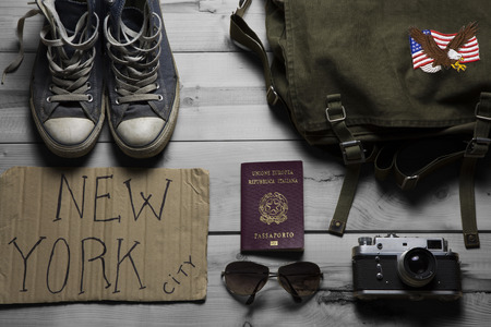 overhead of essentials for a diy travel to new york city...の写真素材