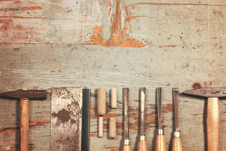 overhead of a set of vintage carpenter tools