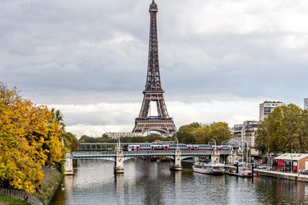Eiffel Tower in Paris France, an overlook from a steel bridgeの写真素材