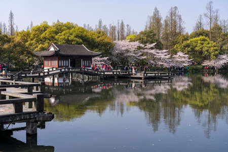 Old temples on the West lake of Hangzhou Chinaのeditorial素材