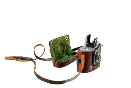 Antique camera in case on the clean, white backgroundの写真素材