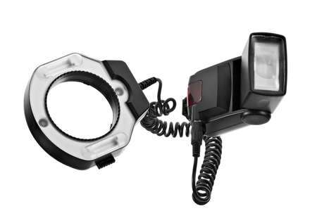 External camera flash with ring flash, isolated on white backgroundの写真素材