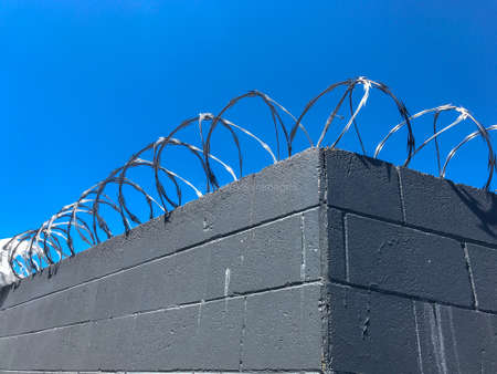 Metal circular ring barbed wire attached to the top of a grey wall with a clear blue sky above on a bright sunny dayの写真素材