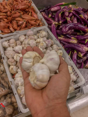 Raw garlic pods being held in the hand at grocery shopの写真素材